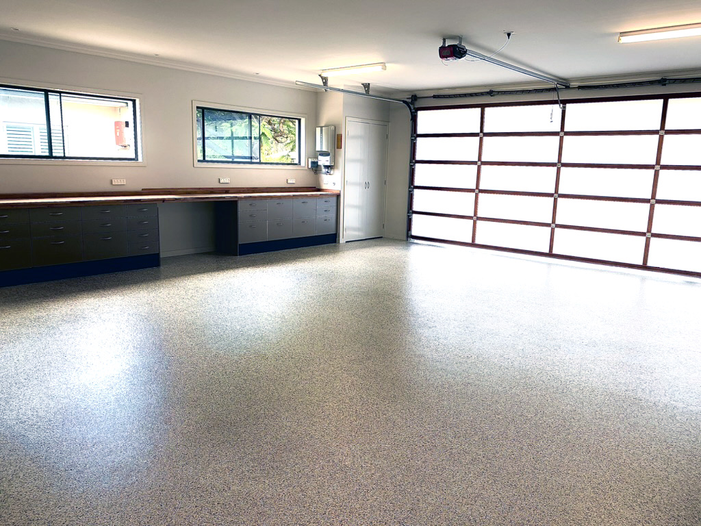 Glossy epoxy-coated garage floor